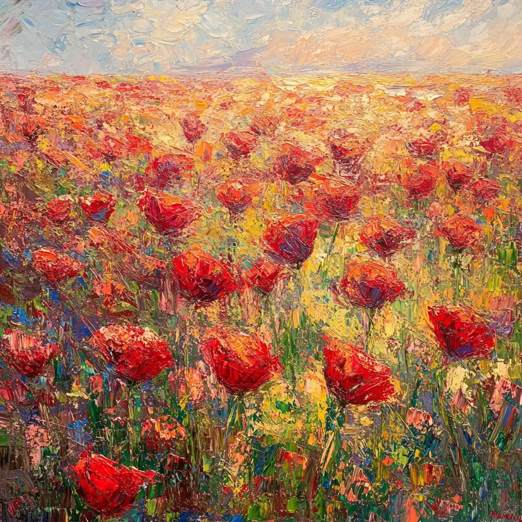 Artwork depicting blooming poppy field with silk-like petals glowing in sunlight - Image 1