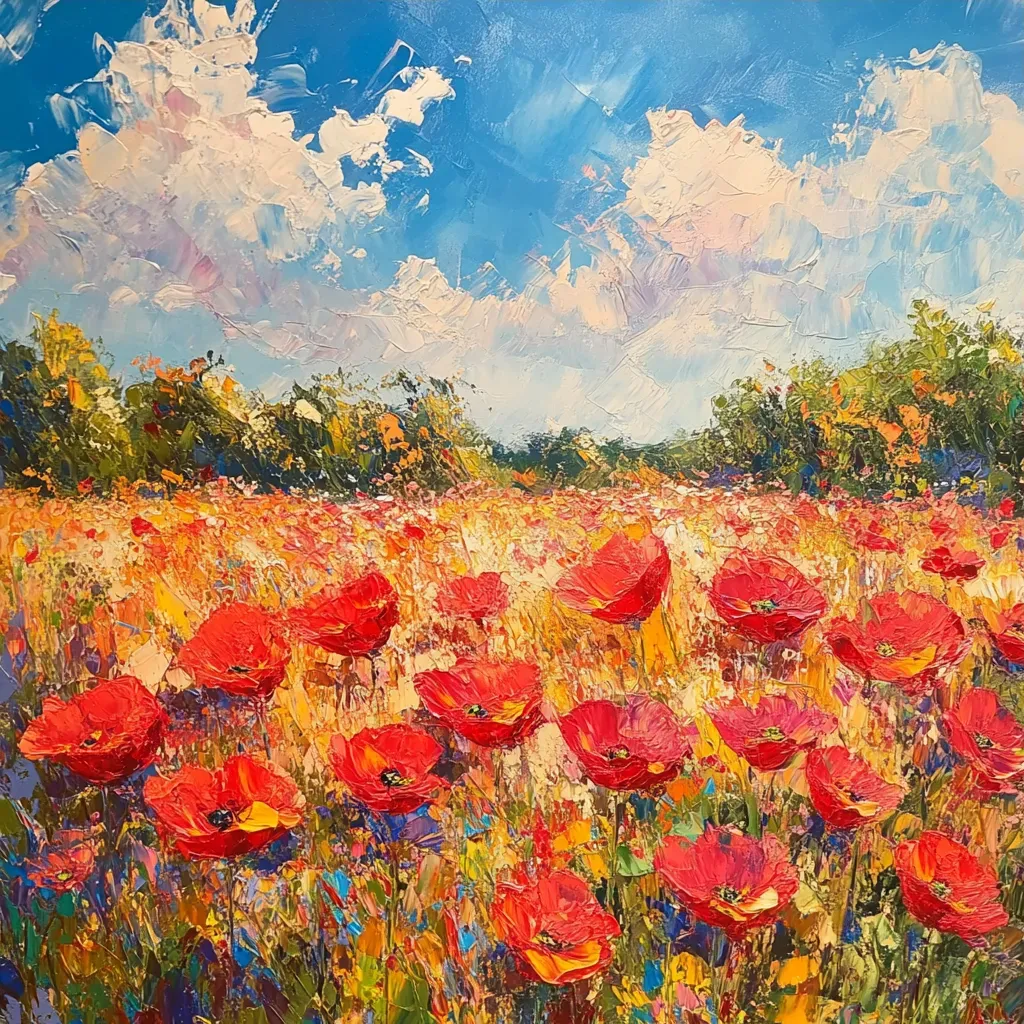 Artwork depicting blooming poppy field with silk-like petals glowing in sunlight - Image 3