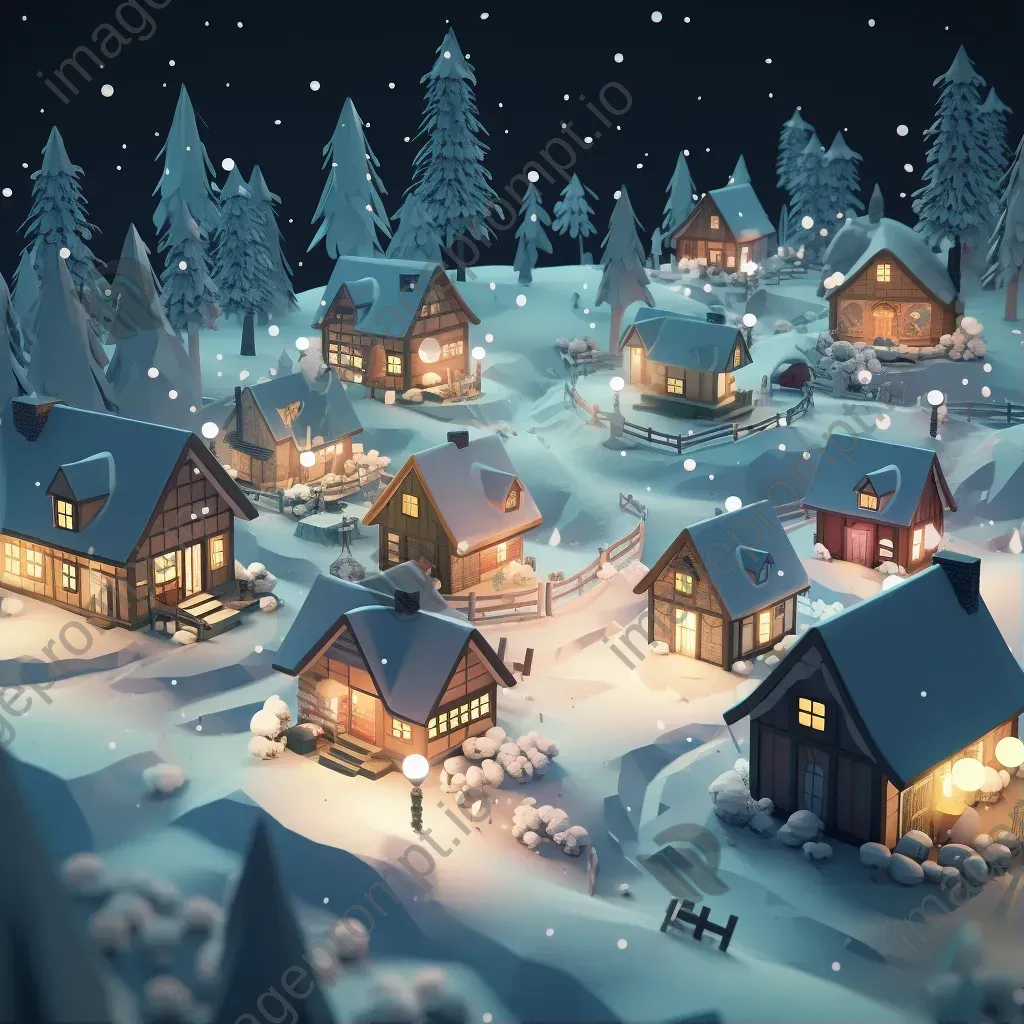 Isometric view of a low poly tranquil winter village under snowfall - Image 1