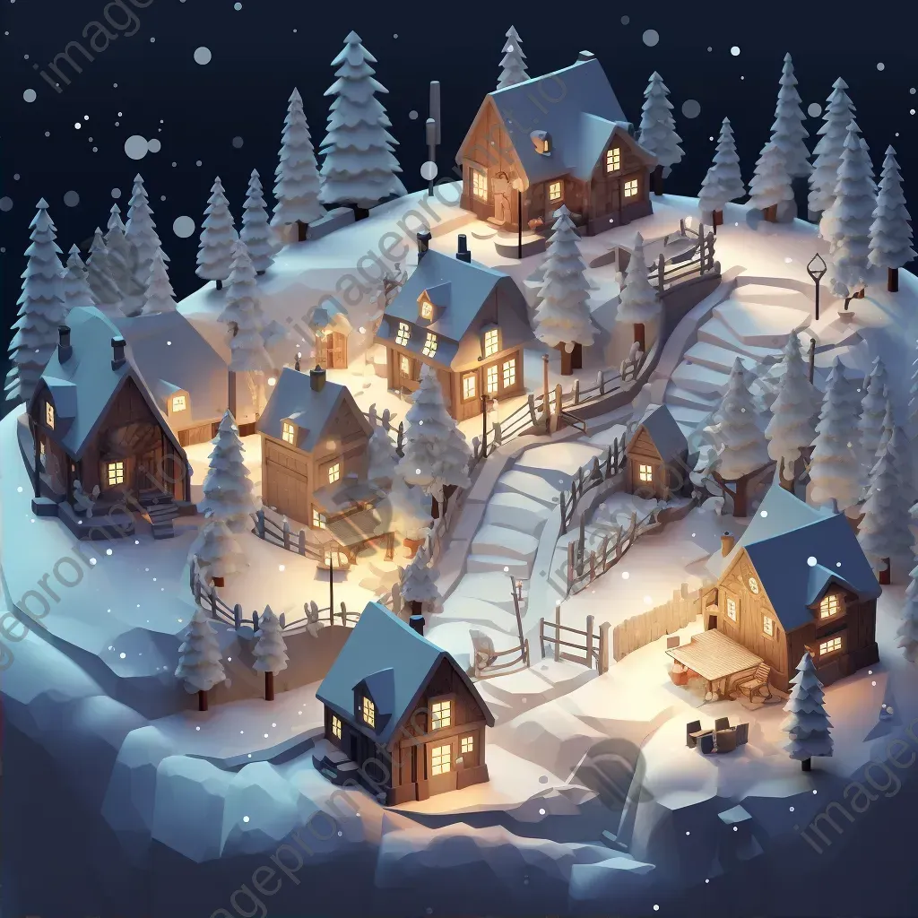 Isometric view of a low poly tranquil winter village under snowfall - Image 2