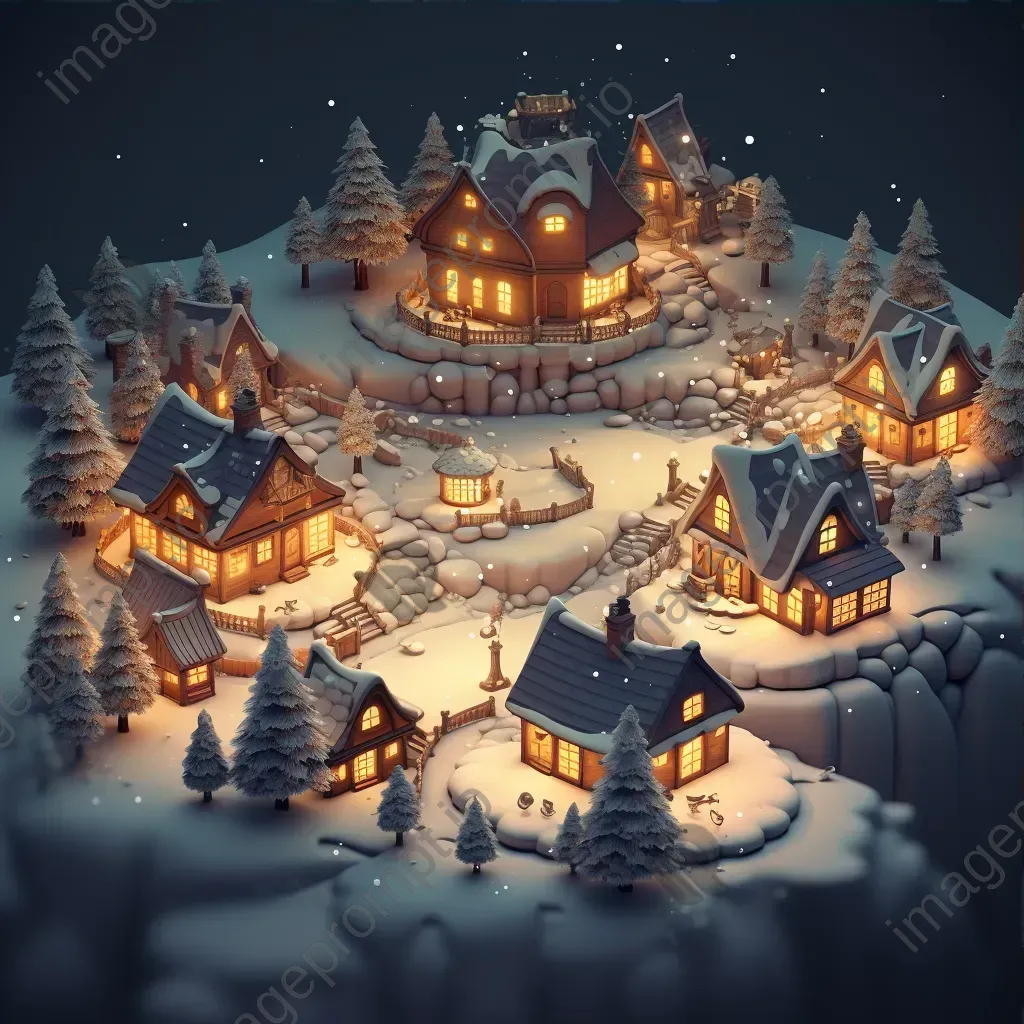 Isometric view of a low poly tranquil winter village under snowfall - Image 3