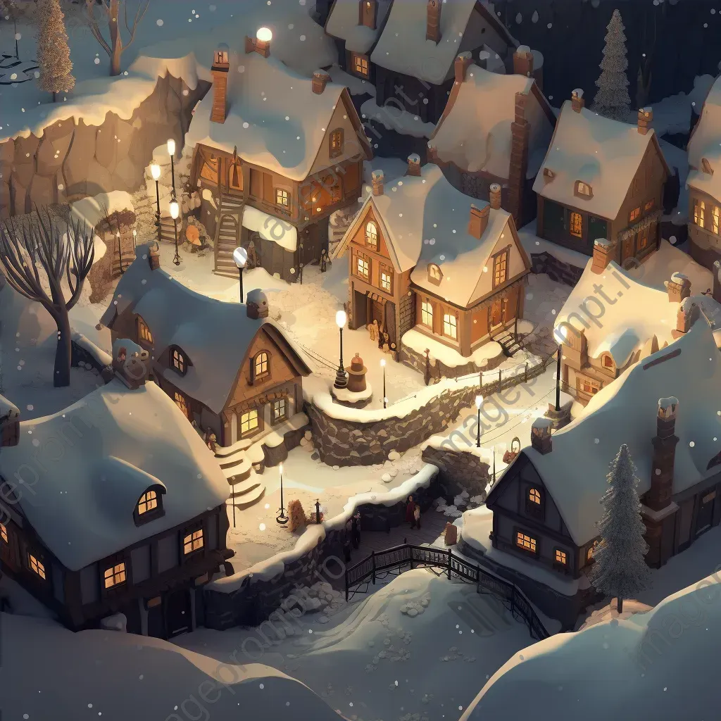 Isometric view of a low poly tranquil winter village under snowfall - Image 4