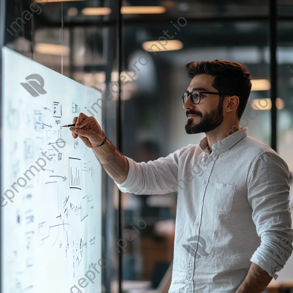 Entrepreneur brainstorming on a glass whiteboard in a bright office. - Image 1