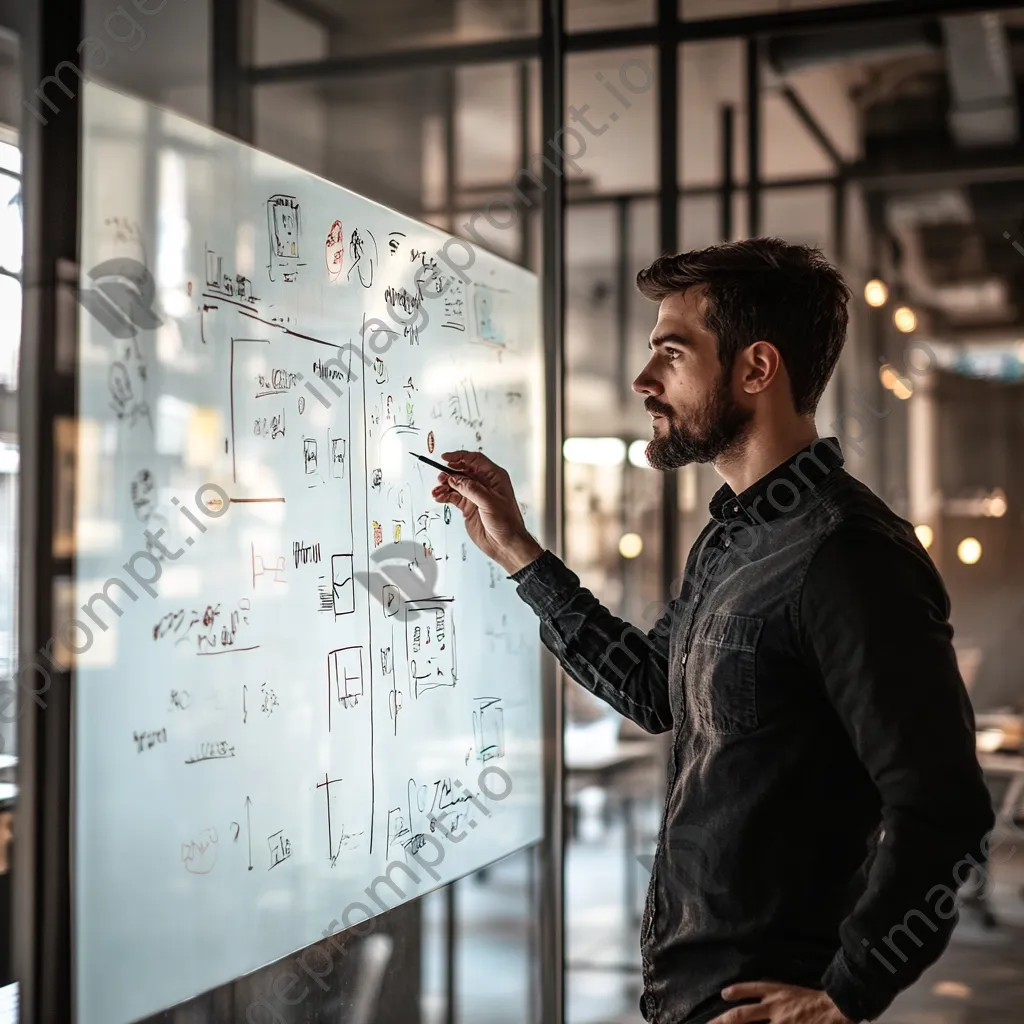 Entrepreneur brainstorming on a glass whiteboard in a bright office. - Image 2