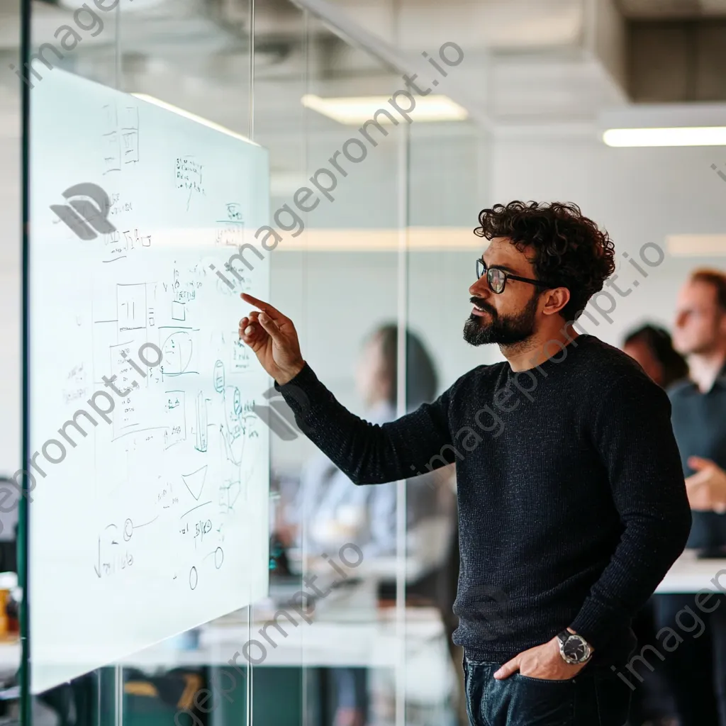 Entrepreneur brainstorming on a glass whiteboard in a bright office. - Image 3