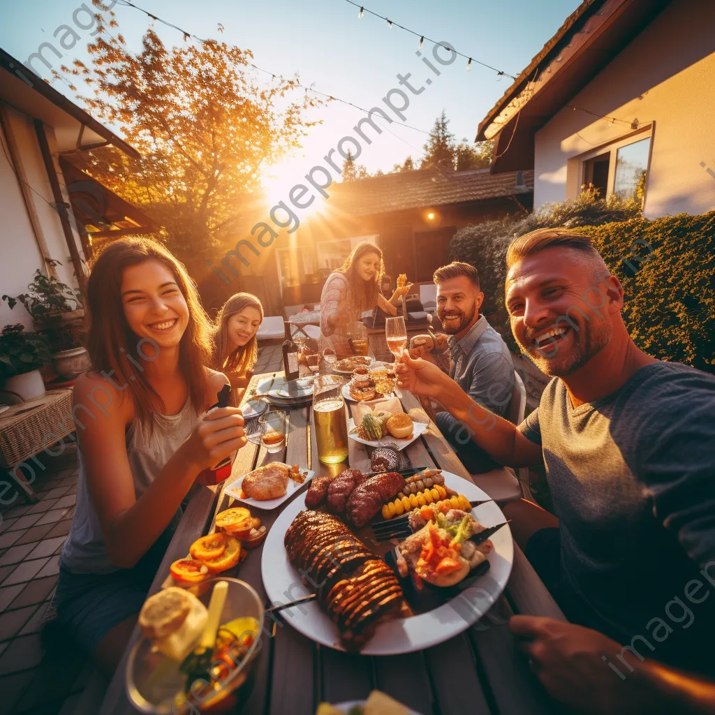 Family happily gathering around a barbecue table in the backyard - Image 2