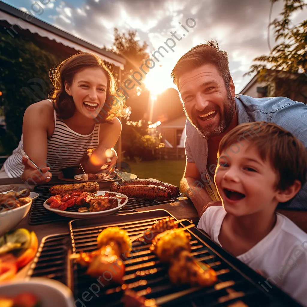 Family happily gathering around a barbecue table in the backyard - Image 3