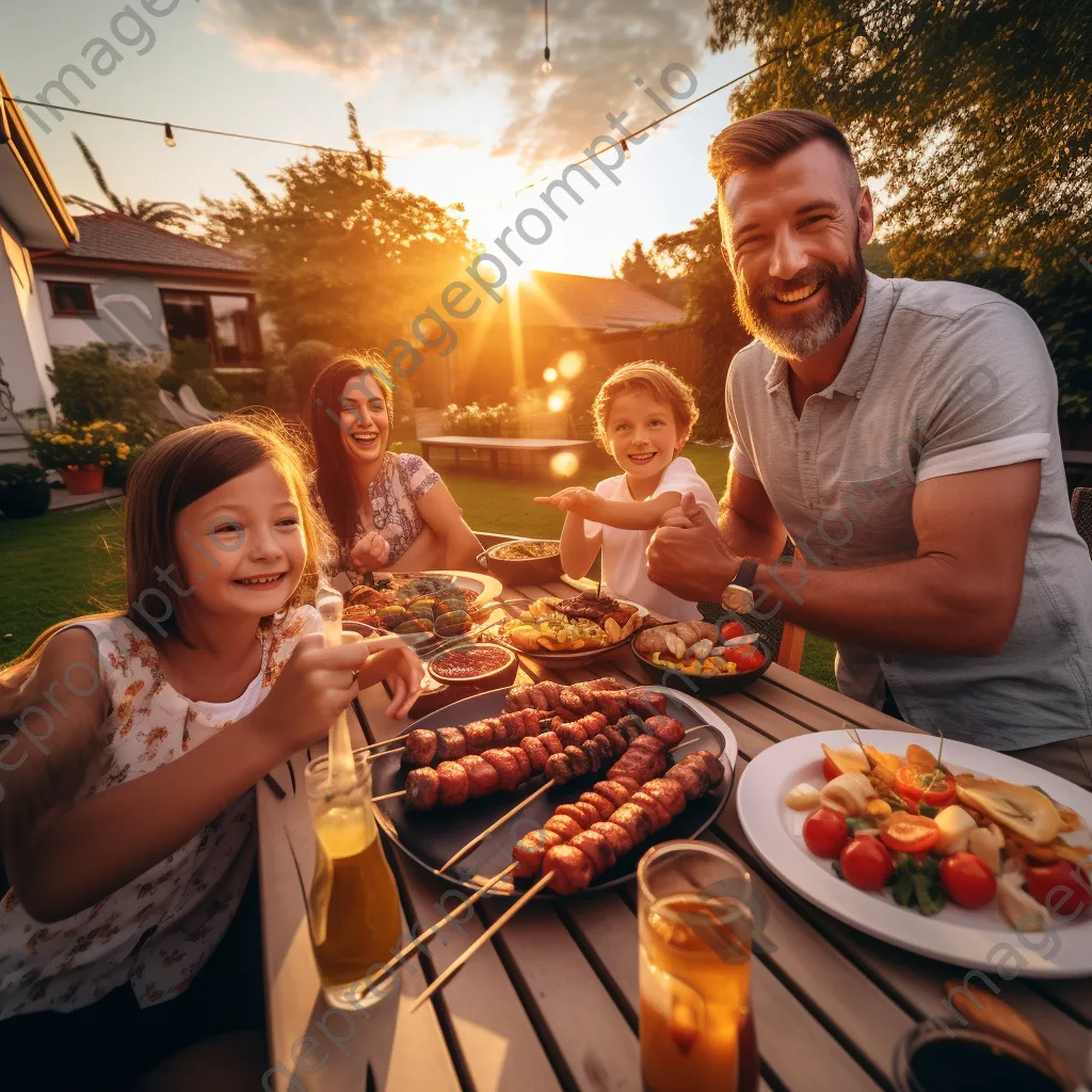 Family happily gathering around a barbecue table in the backyard - Image 4