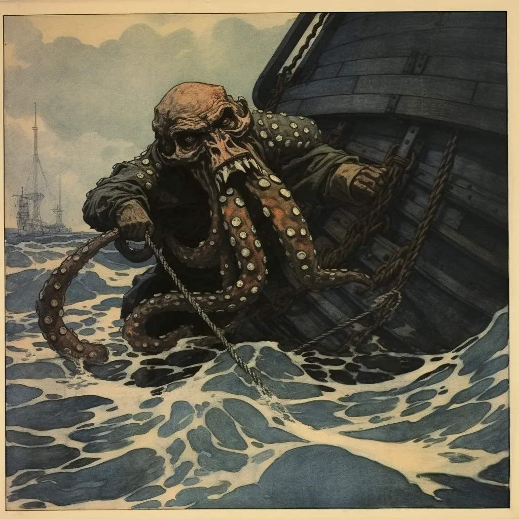 Mariner Battling Large Kraken to Save Ship