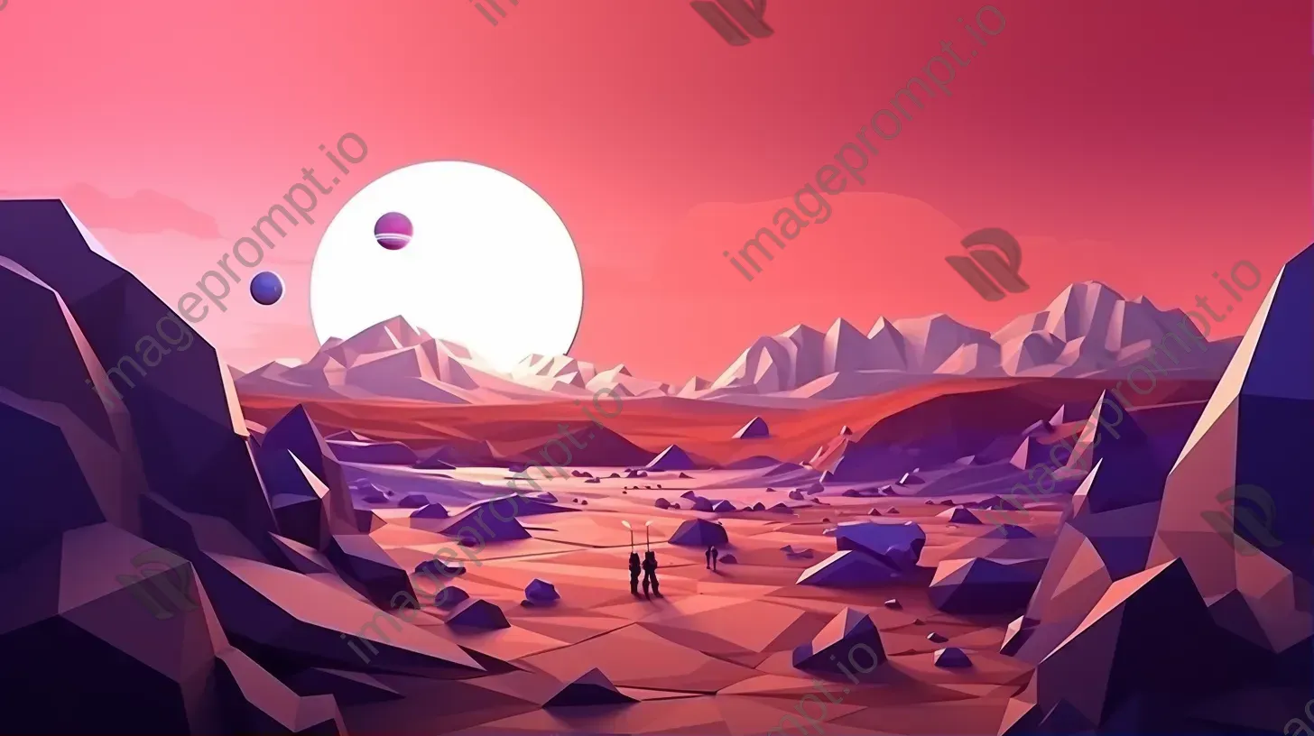 Vector-based low poly Mars landscape at twilight with Pop Art-style astronauts - Image 1