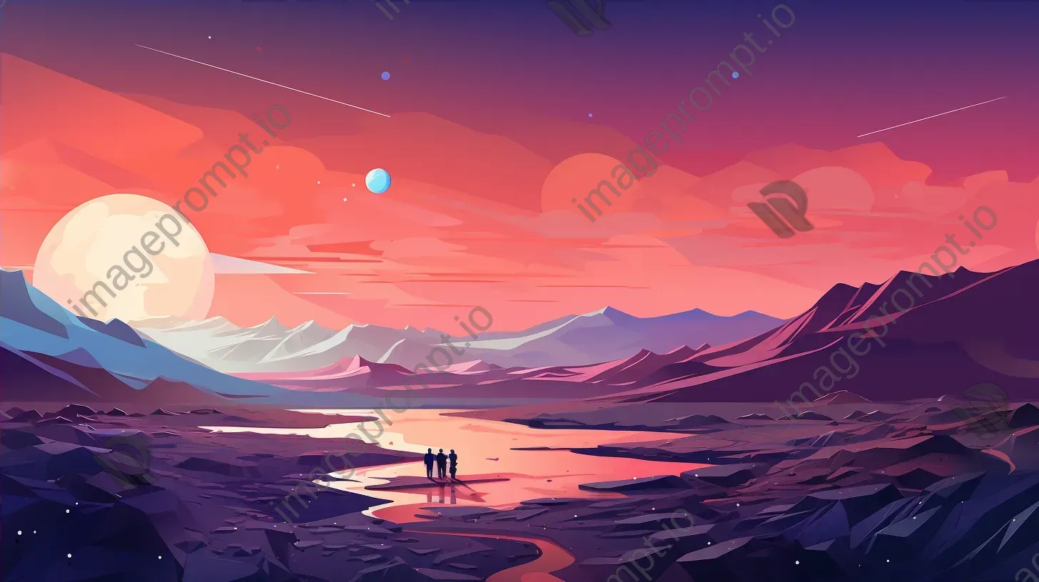 Vector-based low poly Mars landscape at twilight with Pop Art-style astronauts - Image 4