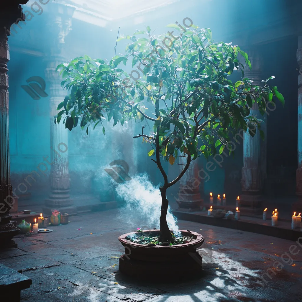 Sacred fig tree surrounded by candles in temple courtyard - Image 1