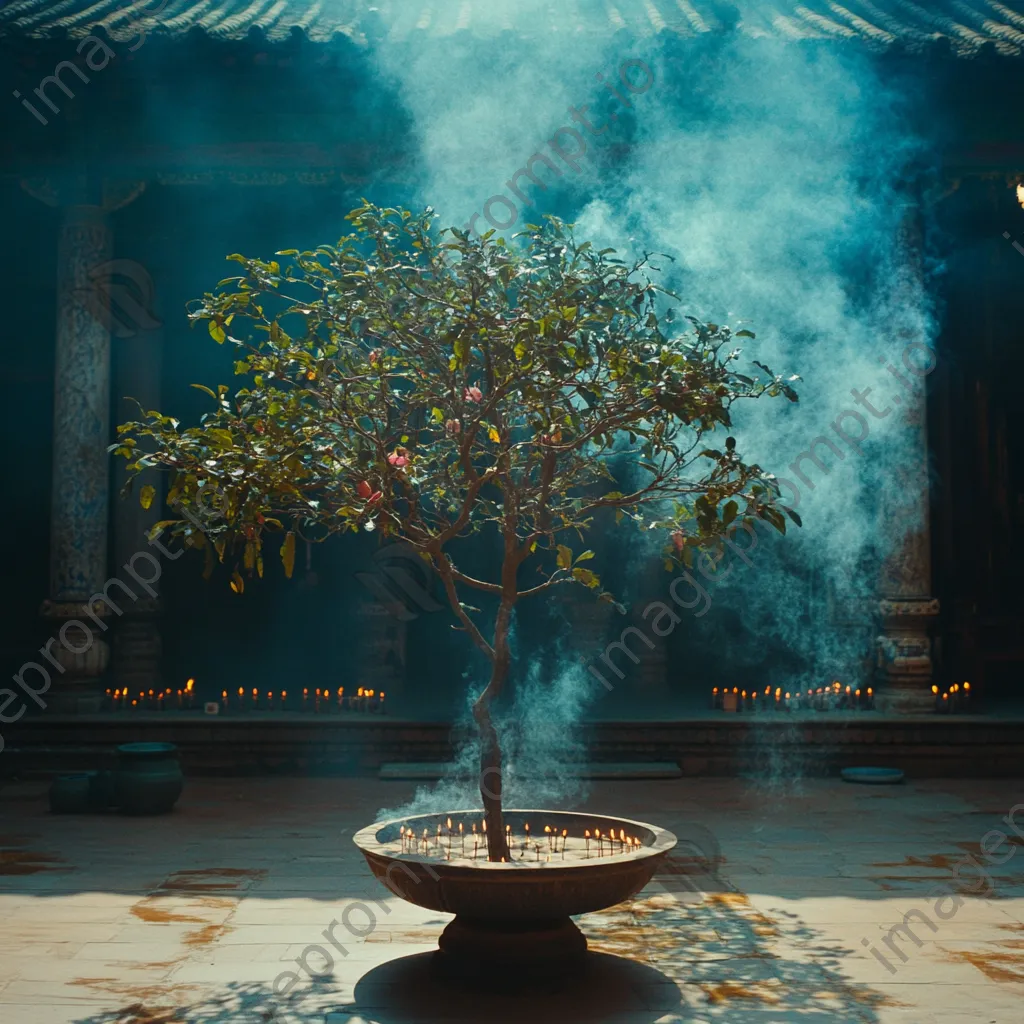 Sacred fig tree surrounded by candles in temple courtyard - Image 2