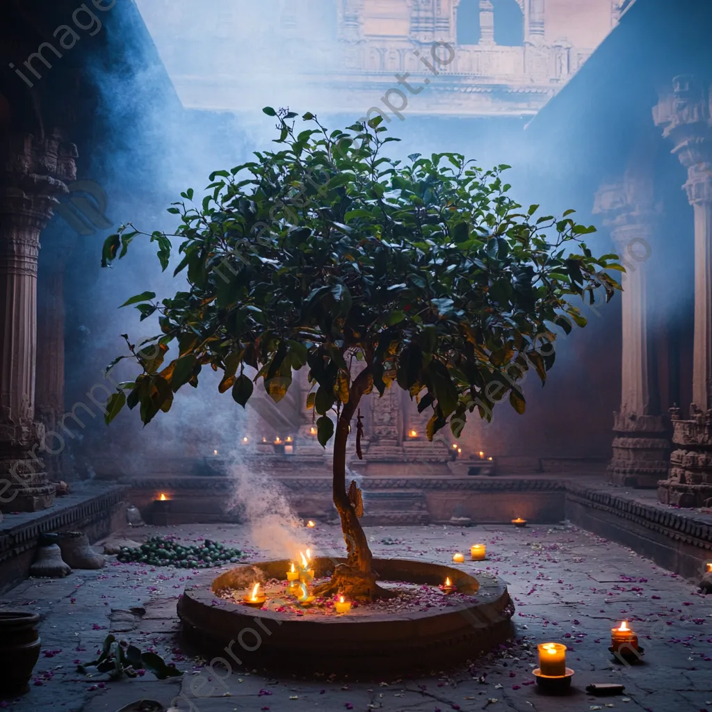 Sacred fig tree surrounded by candles in temple courtyard - Image 3