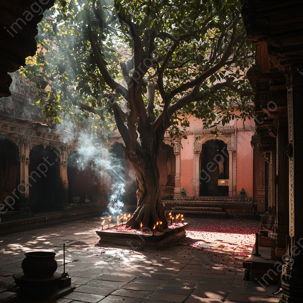 Sacred fig tree surrounded by candles in temple courtyard - Image 4