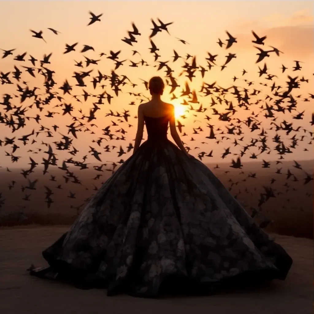 Human silhouette evolving into flock of birds at sunrise - Image 3