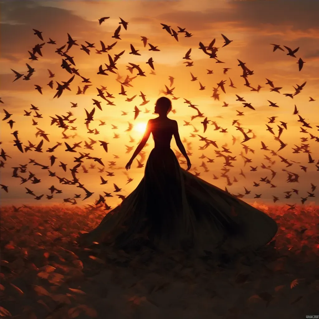 Human silhouette evolving into flock of birds at sunrise - Image 4