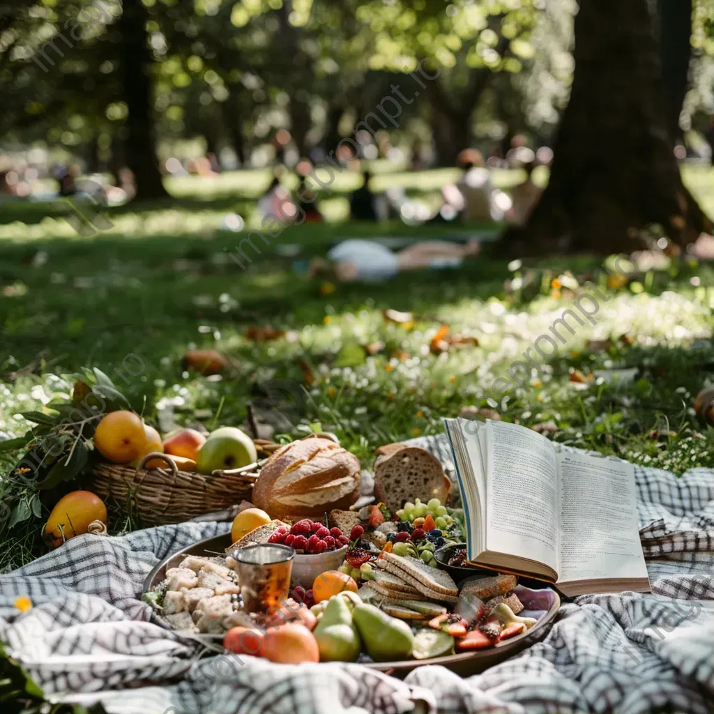 Aerial view of a picnic spread with fruits, sandwiches, and a book in a park - Image 1