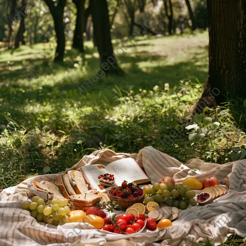 Aerial view of a picnic spread with fruits, sandwiches, and a book in a park - Image 2