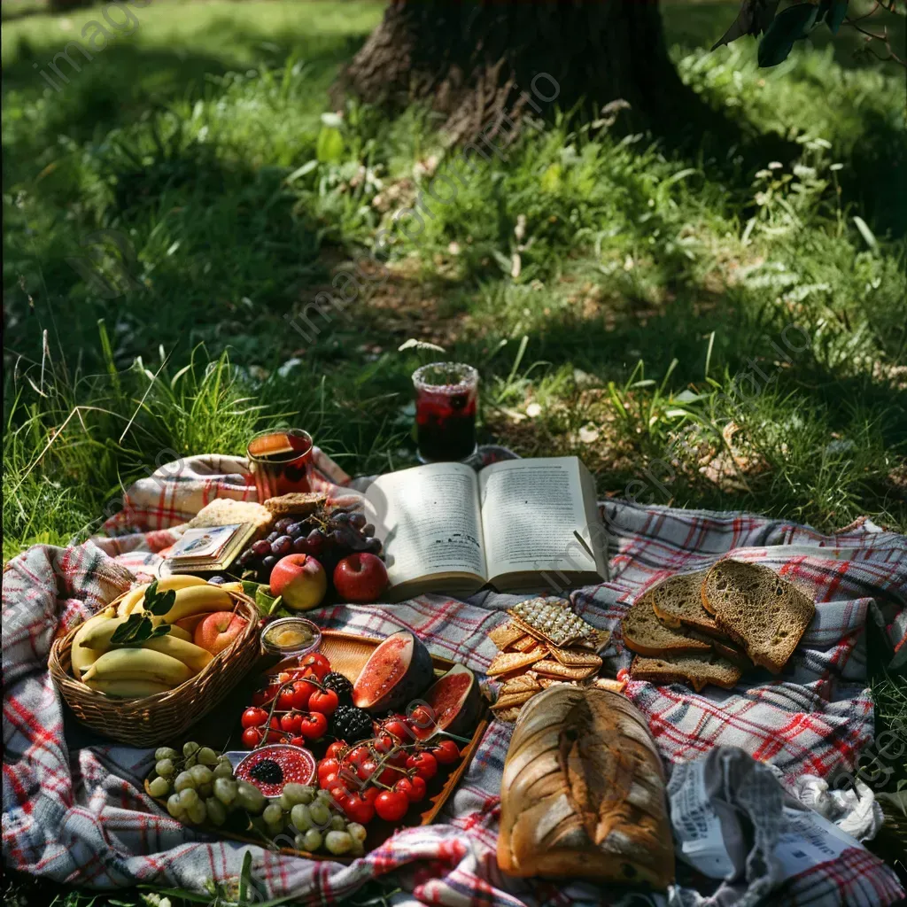 Aerial view of a picnic spread with fruits, sandwiches, and a book in a park - Image 4