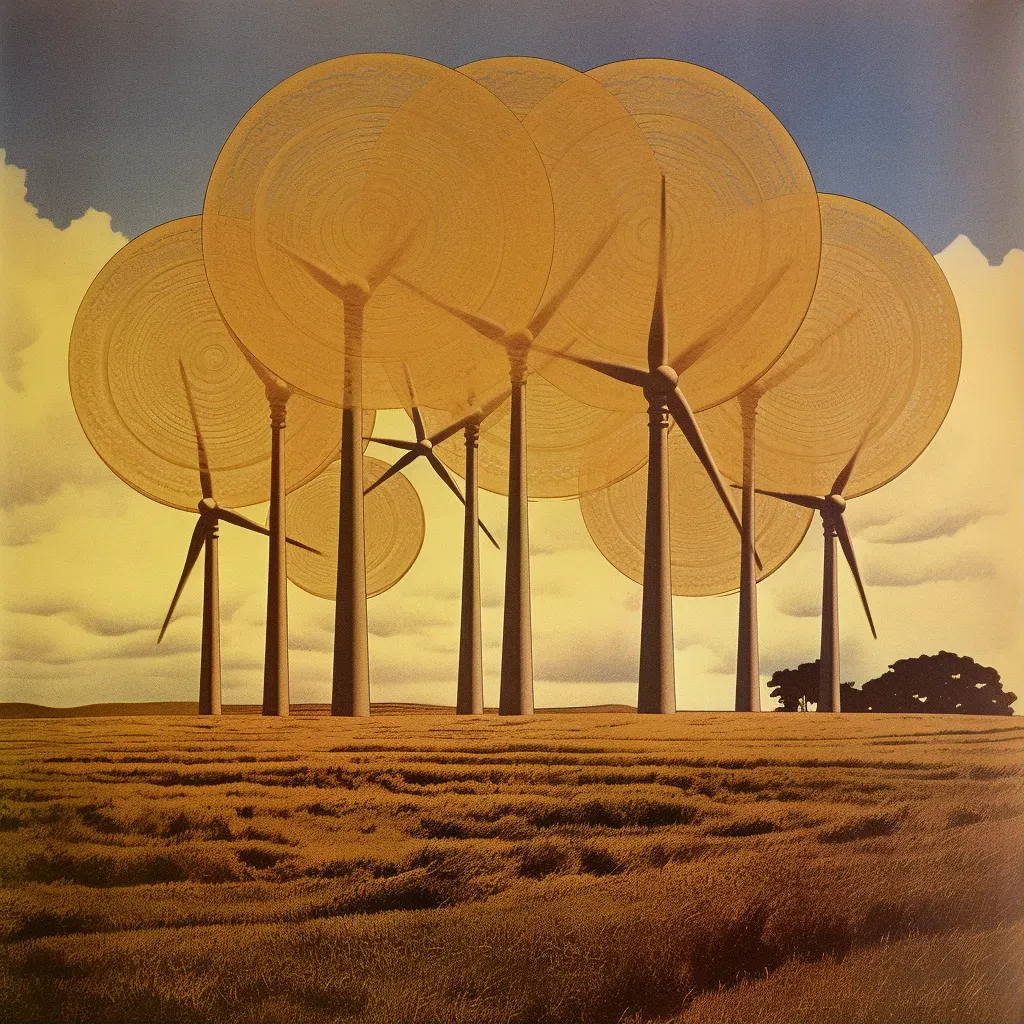 Row of wind turbines creating circles and lines in a field against the sky - Image 1