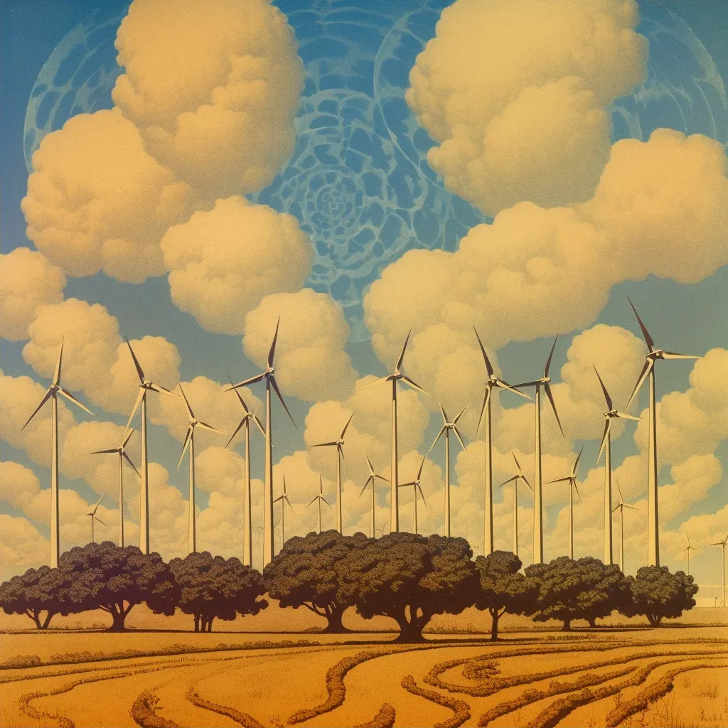 Row of wind turbines creating circles and lines in a field against the sky - Image 2