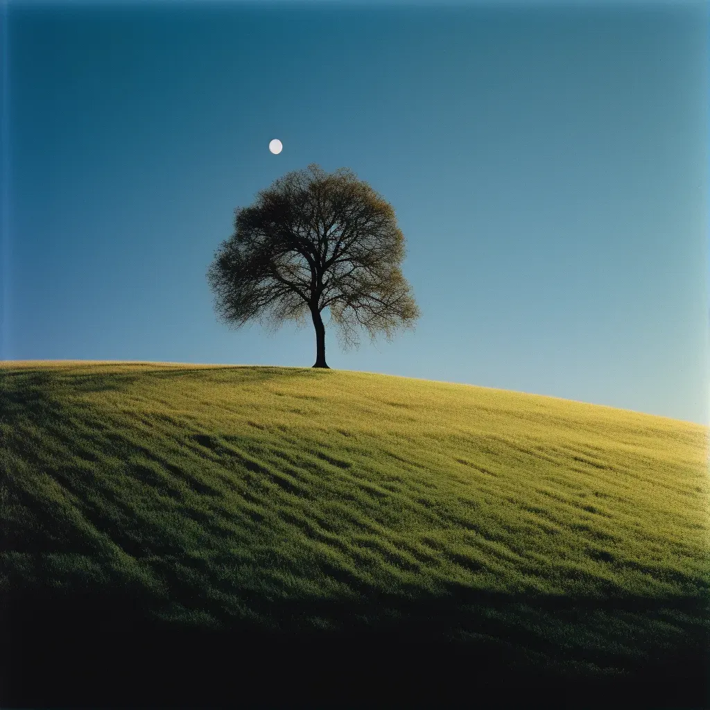 Lonely tree on grassy hill under bright moonlight casting shadows - Image 1