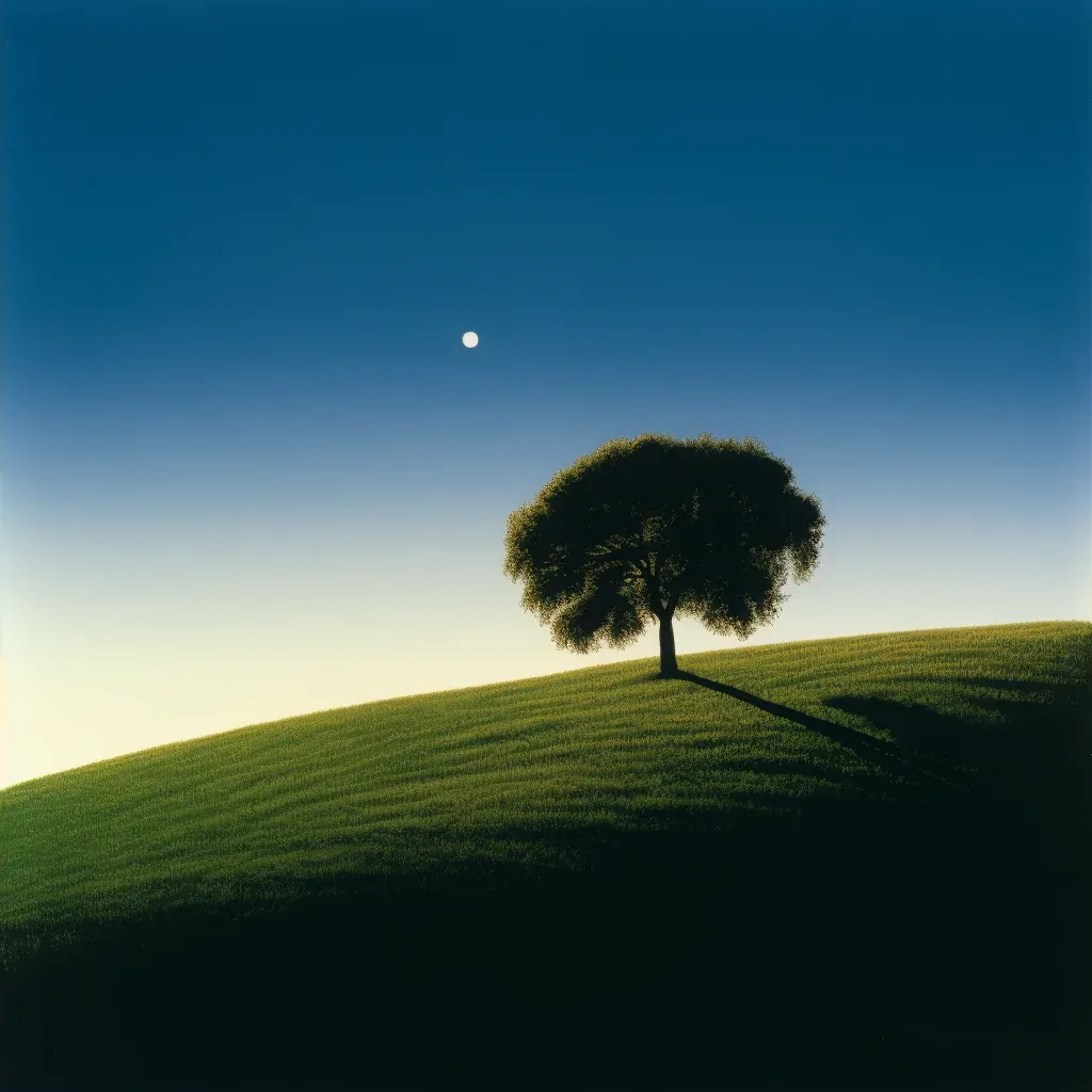 Lonely tree on grassy hill under bright moonlight casting shadows - Image 2