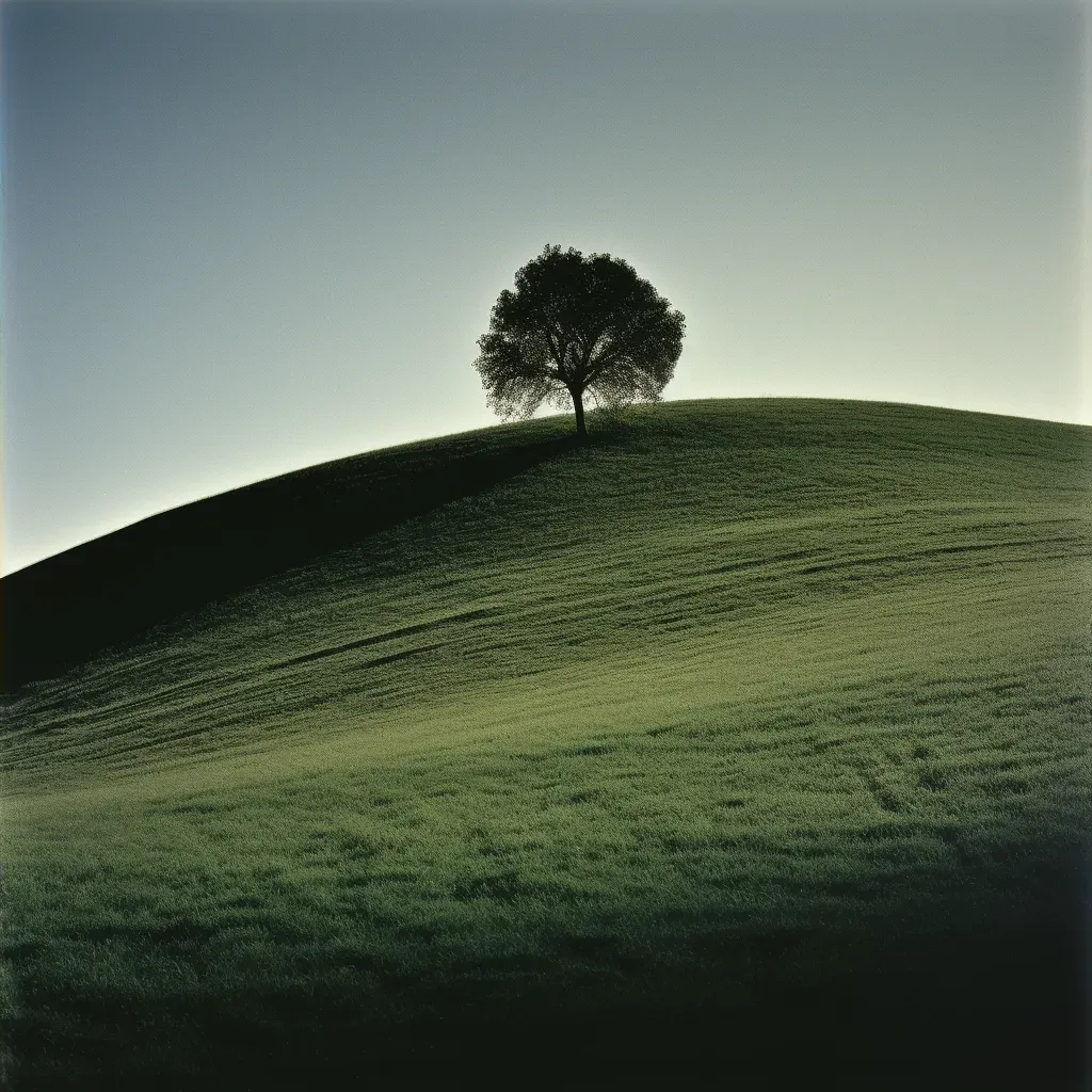 Lonely tree on grassy hill under bright moonlight casting shadows - Image 4