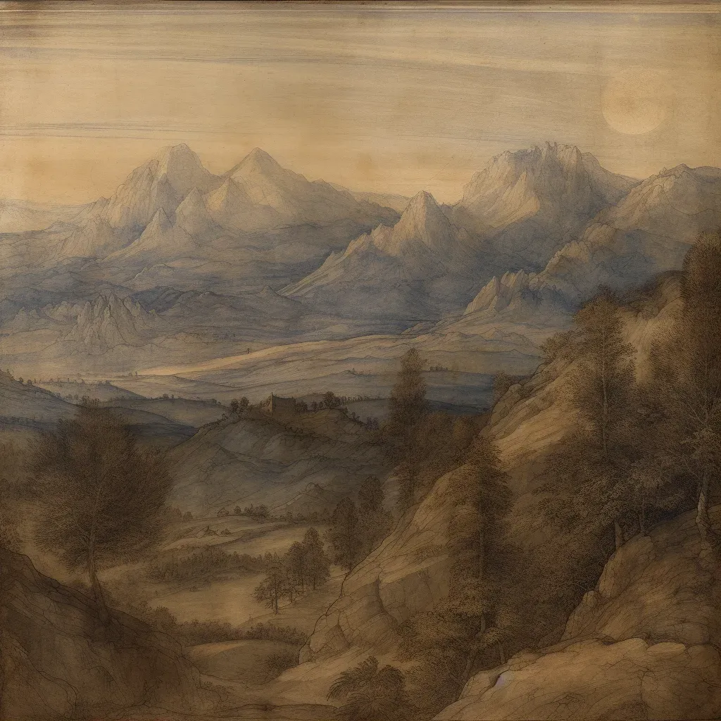 Tranquil mountain landscape with setting sun - Image 1