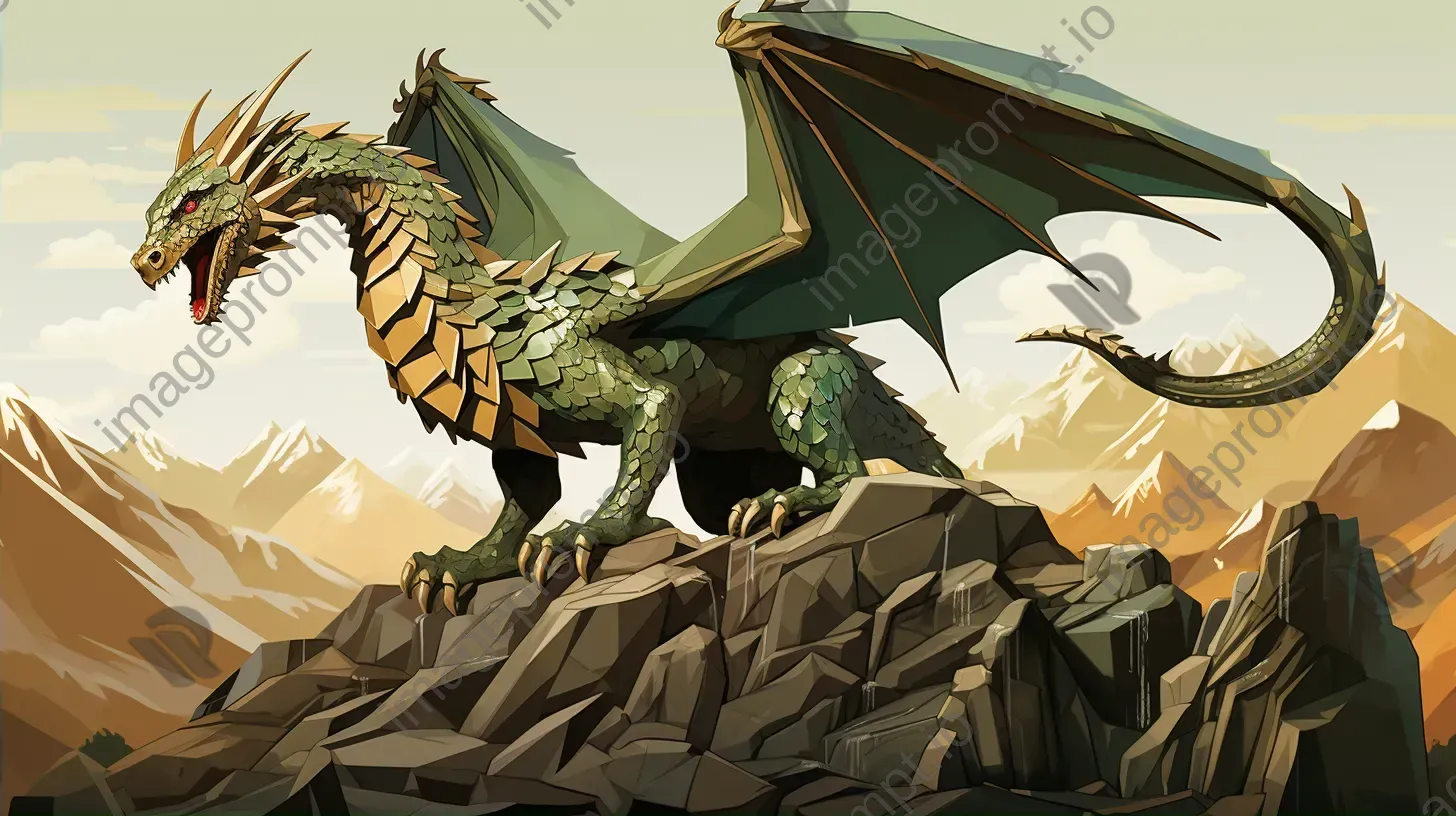 Low poly dragon in greens and golds atop a mountaintop - Image 2