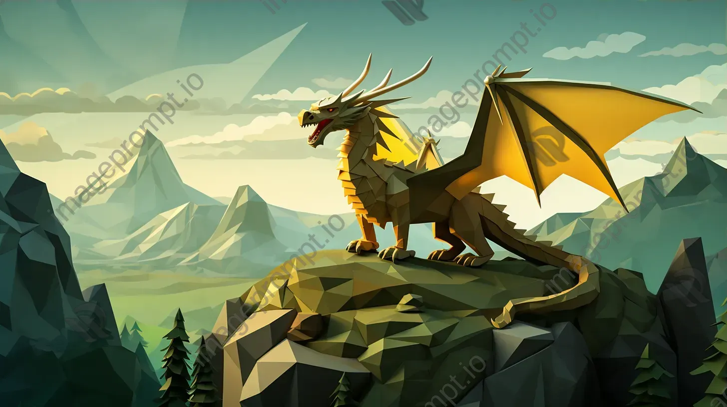 Low poly dragon in greens and golds atop a mountaintop - Image 3