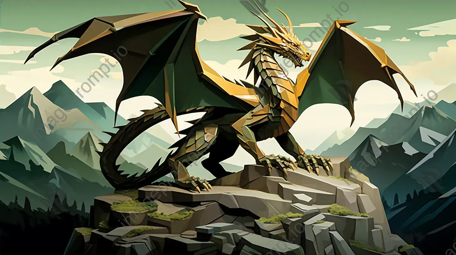 Low poly dragon in greens and golds atop a mountaintop - Image 4