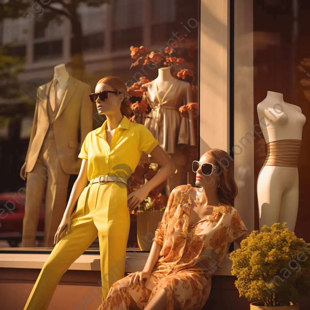 Storefront of a fashion boutique with a colorful window display at golden hour. - Image 1