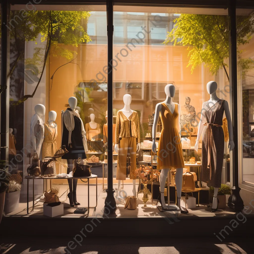 Storefront of a fashion boutique with a colorful window display at golden hour. - Image 2