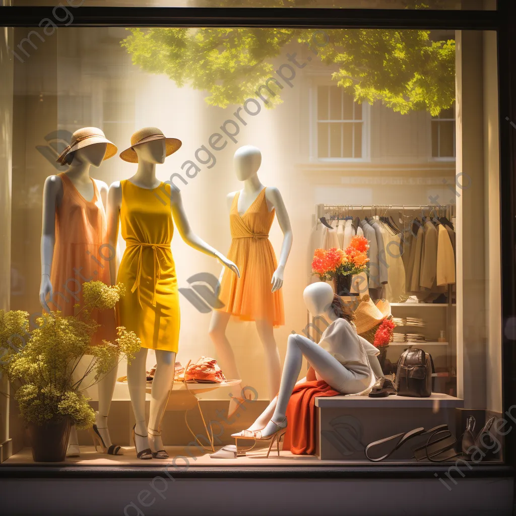 Storefront of a fashion boutique with a colorful window display at golden hour. - Image 3