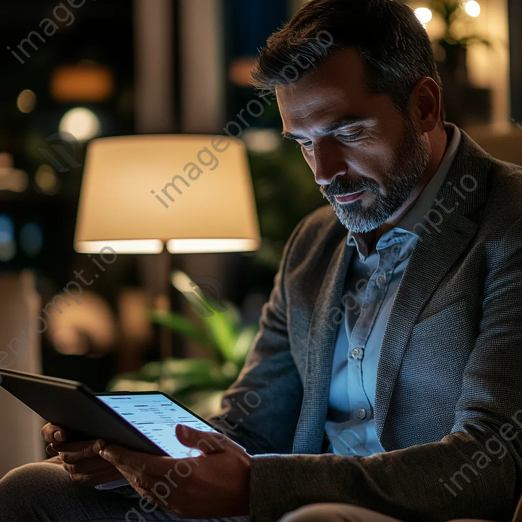 A man reviewing online product listings on a tablet in a stylish office. - Image 1