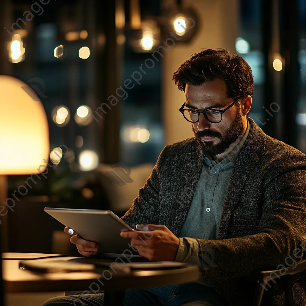 A man reviewing online product listings on a tablet in a stylish office. - Image 2