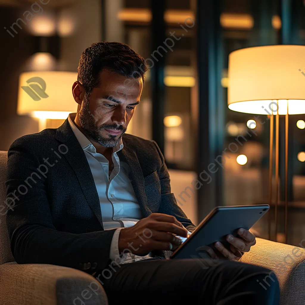 A man reviewing online product listings on a tablet in a stylish office. - Image 3