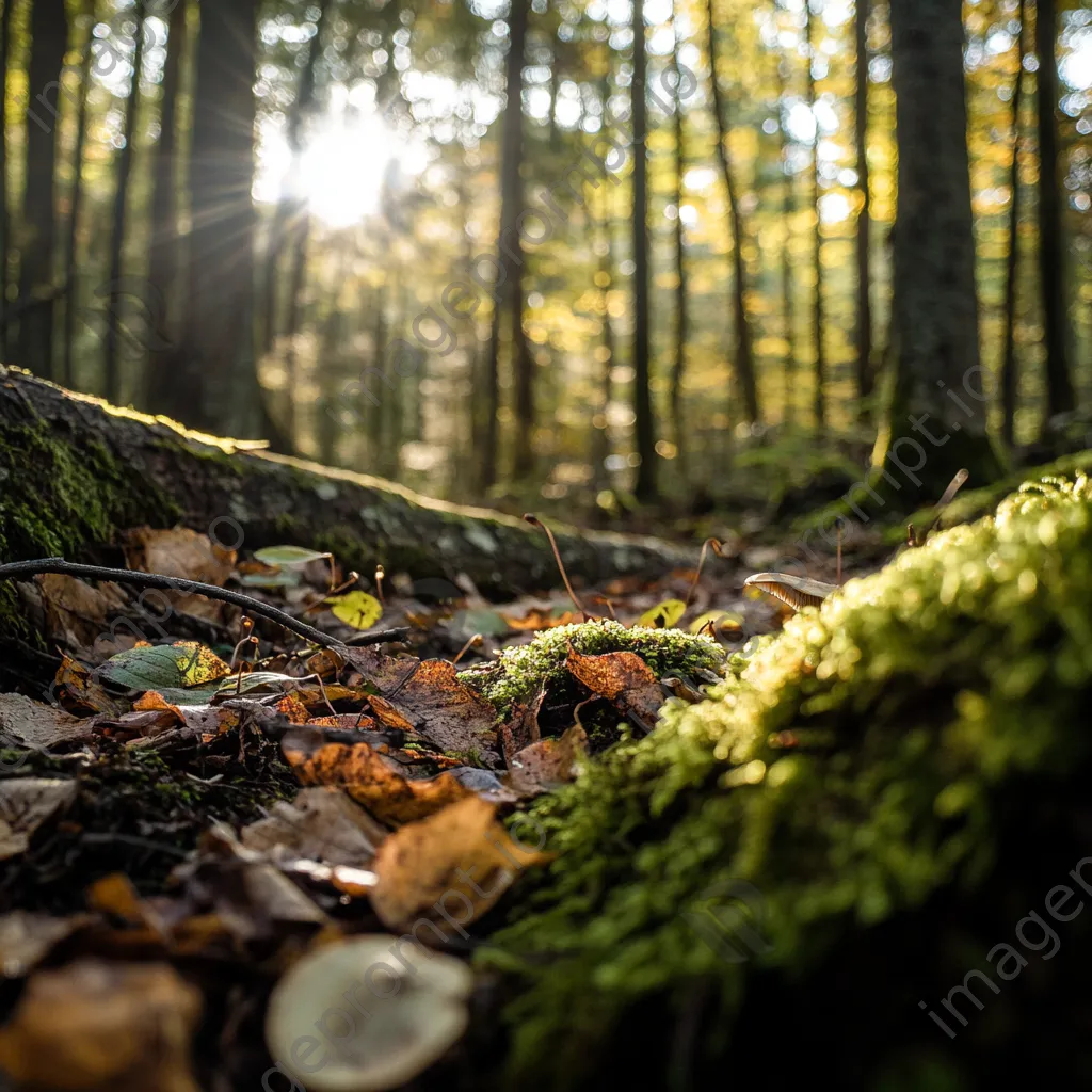 Close-up of forest floor with mossy logs and tiny mushrooms under dappled light. - Image 1