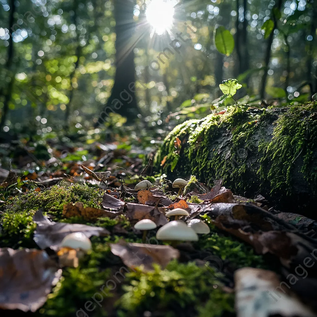 Close-up of forest floor with mossy logs and tiny mushrooms under dappled light. - Image 2