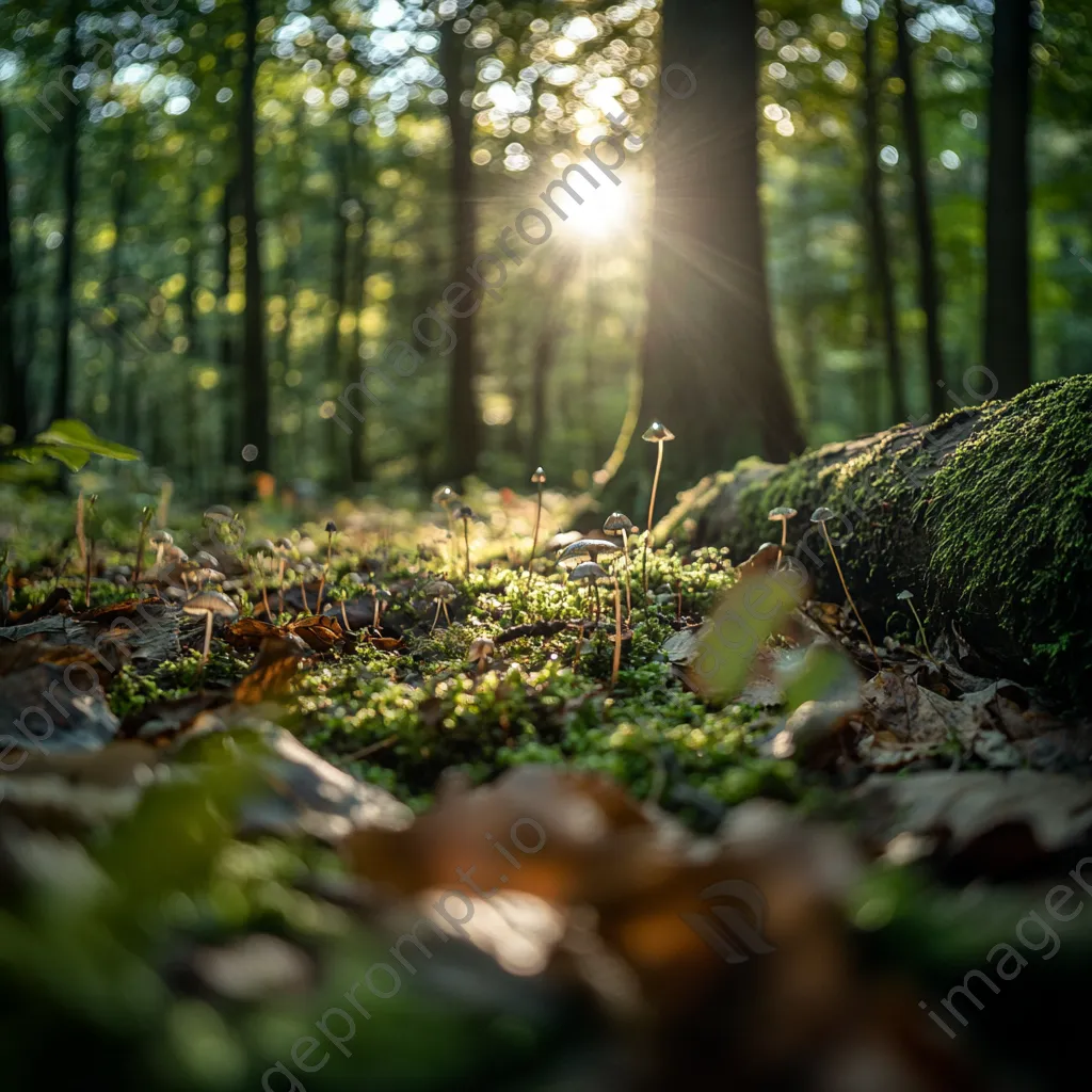 Close-up of forest floor with mossy logs and tiny mushrooms under dappled light. - Image 3