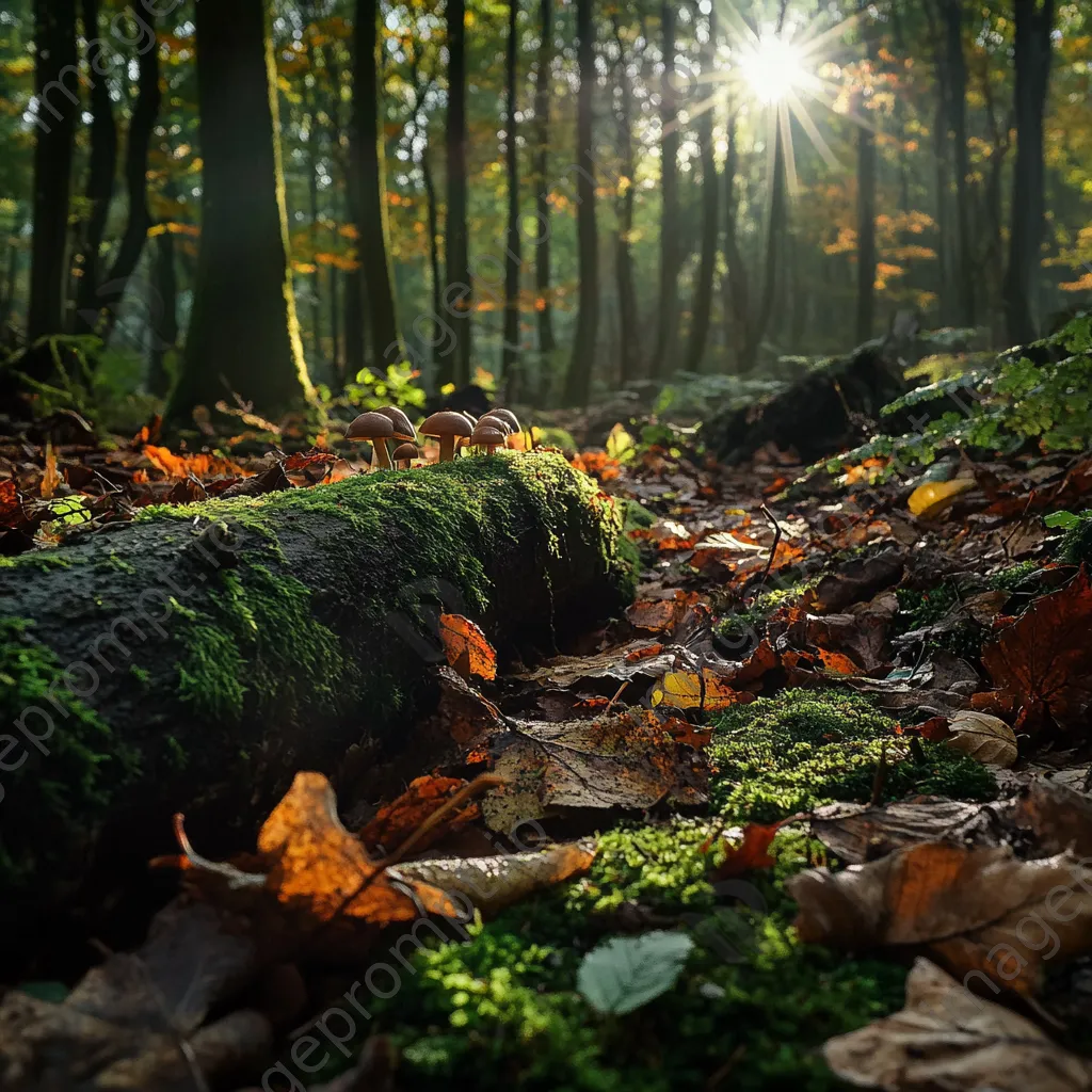 Close-up of forest floor with mossy logs and tiny mushrooms under dappled light. - Image 4