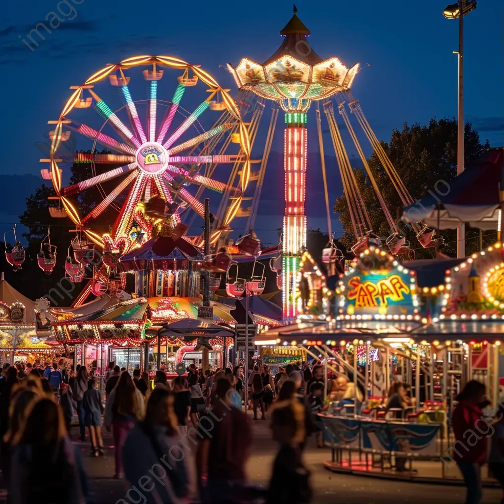 Colorful carnival at night with illuminated rides - Image 1