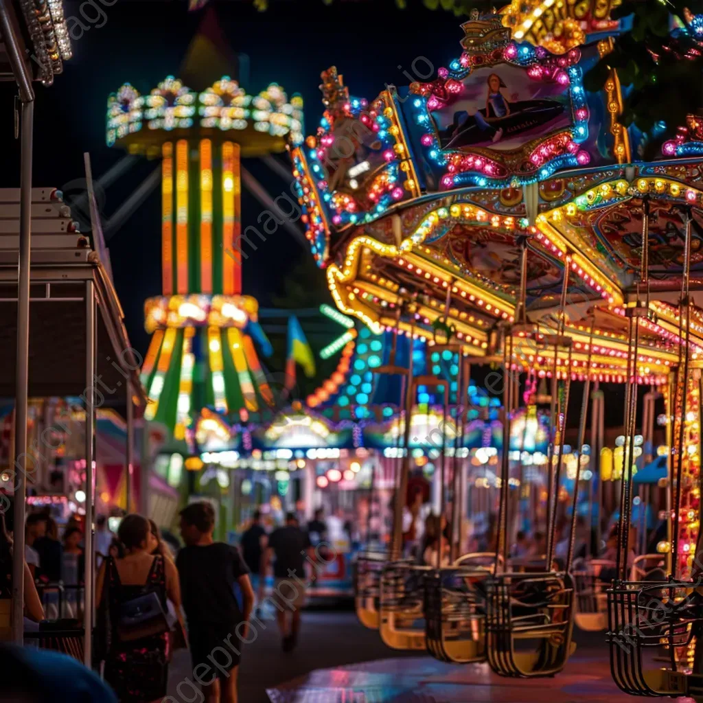 Colorful carnival at night with illuminated rides - Image 3