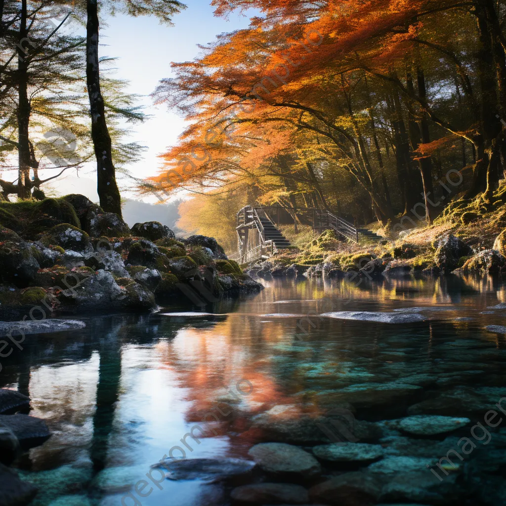 Thermal spring surrounded by colorful autumn foliage reflecting in the water. - Image 4