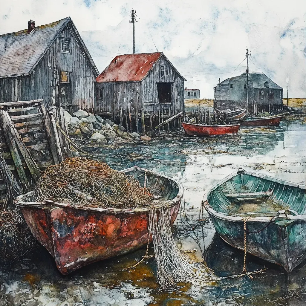 Watercolor painting of a rustic 1800s fishing village - Image 1