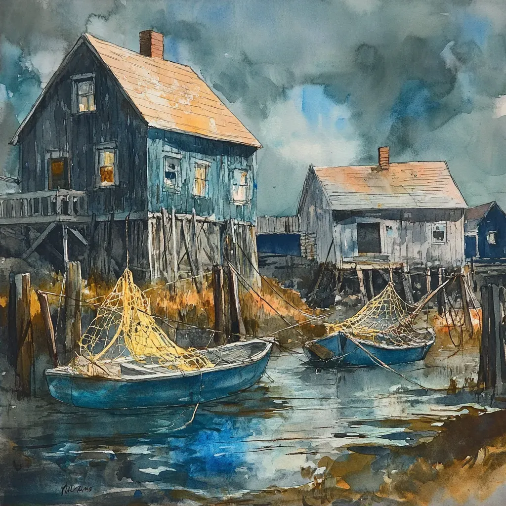 Watercolor painting of a rustic 1800s fishing village - Image 2