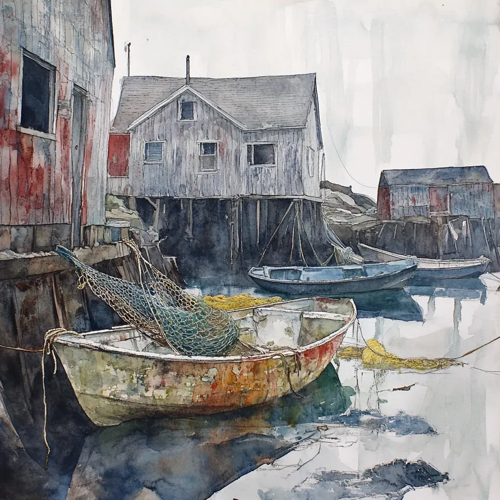 Watercolor painting of a rustic 1800s fishing village - Image 3