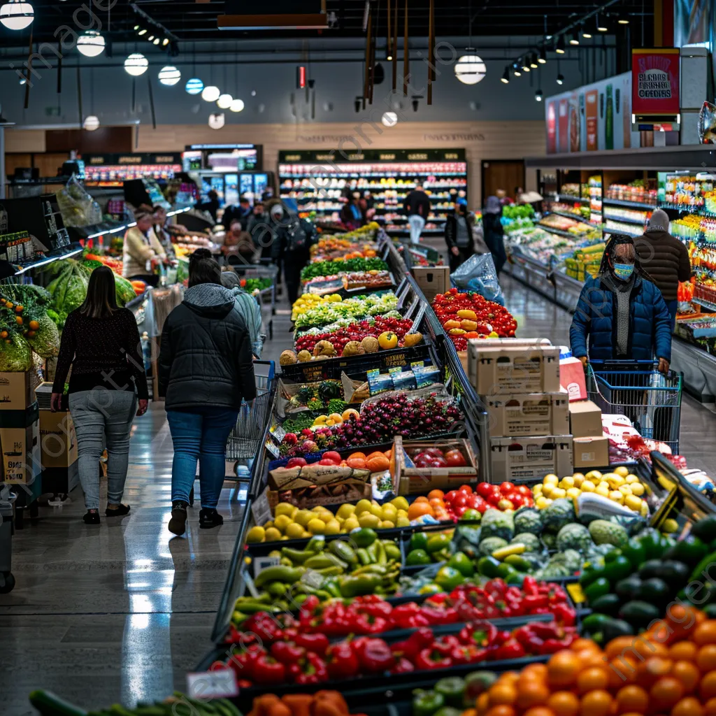 Shoppers in a colorful supermarket aisle with fresh produce and carts. - Image 1